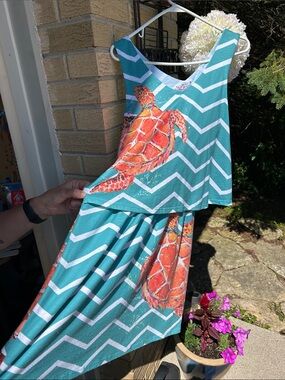 Leoma Lovegrove Teal Chevron Dress with Orange Sea Turtle Print